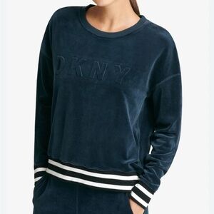 DKNY Navy Velour Logo Pullover Sweatshirt